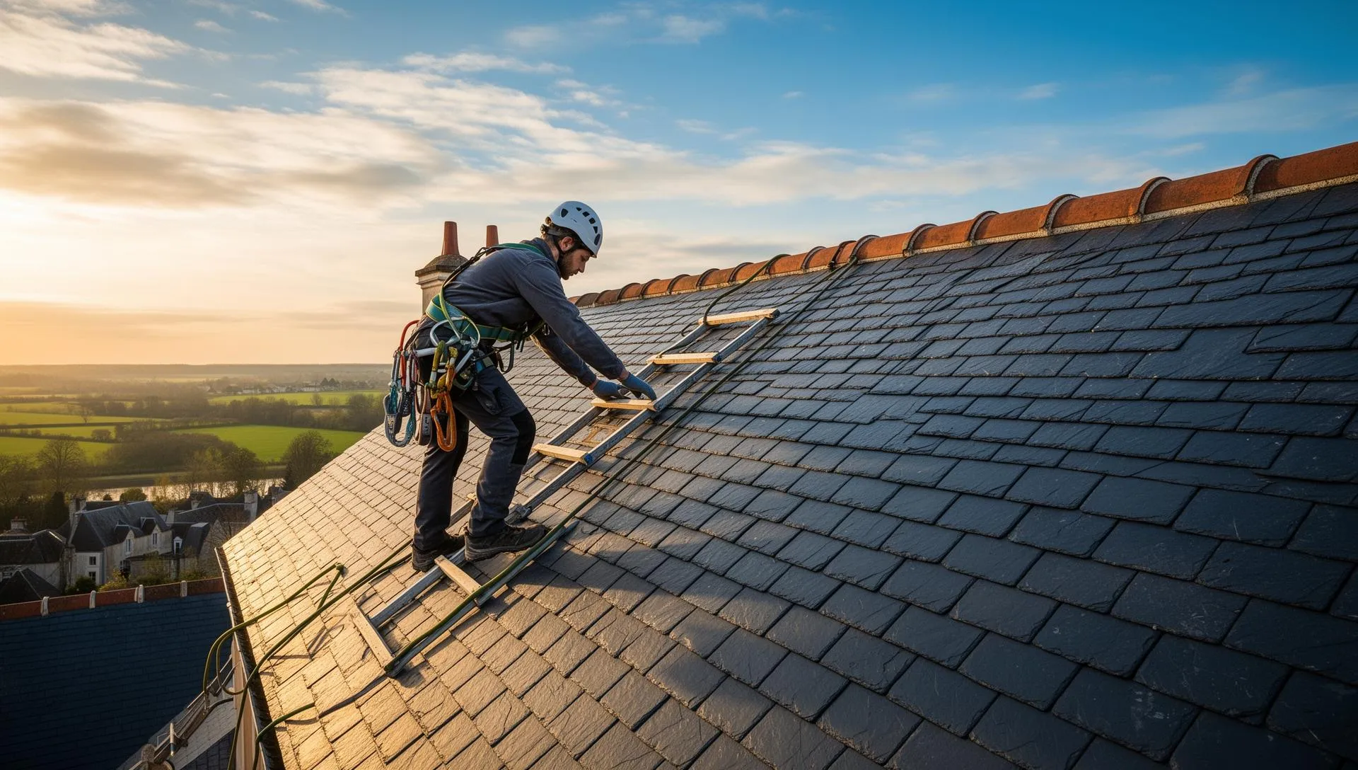 Couvreur professionnel sur un toit à Fouesnant