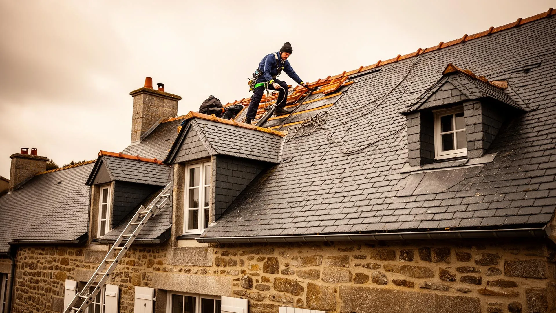 Couvreur réparant une toiture en ardoise sur une maison bretonne