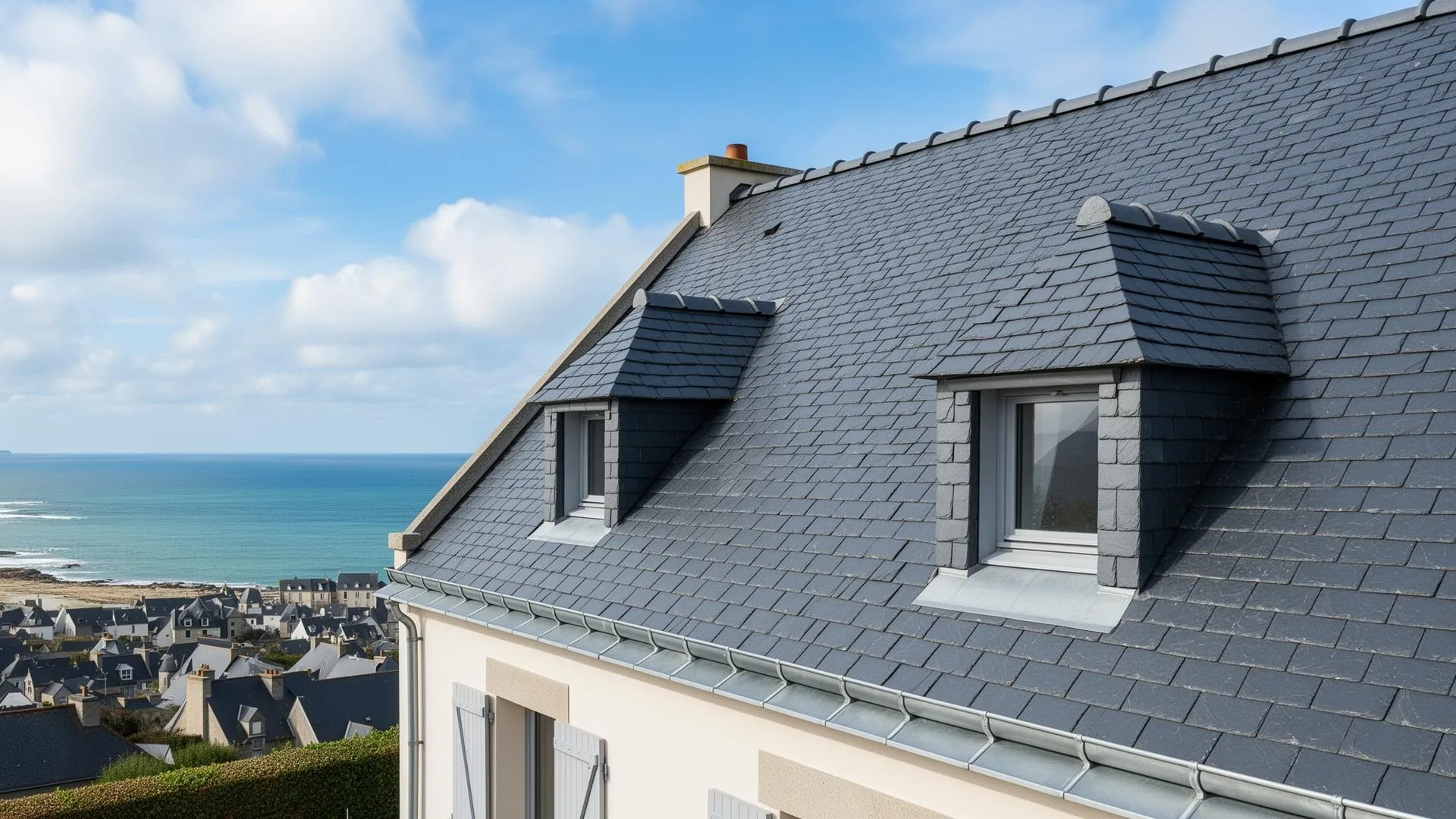 Toiture en ardoise rénovée sur une maison côtière du Finistère